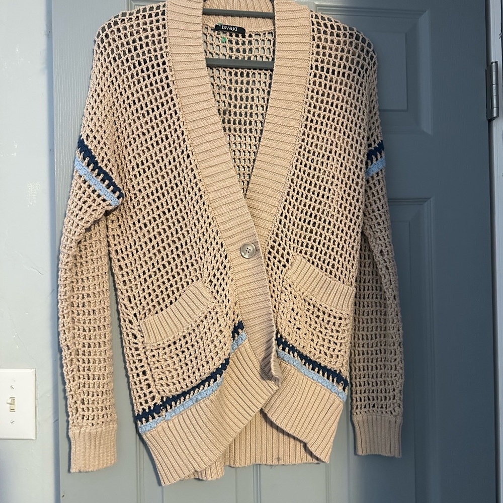 Urban Outfitters Beige Knit Cardigan with Blue Stripes